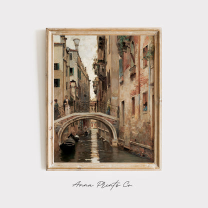 Vintage art print of A Canal in Venice Cityscape Painting displayed in wooden frame