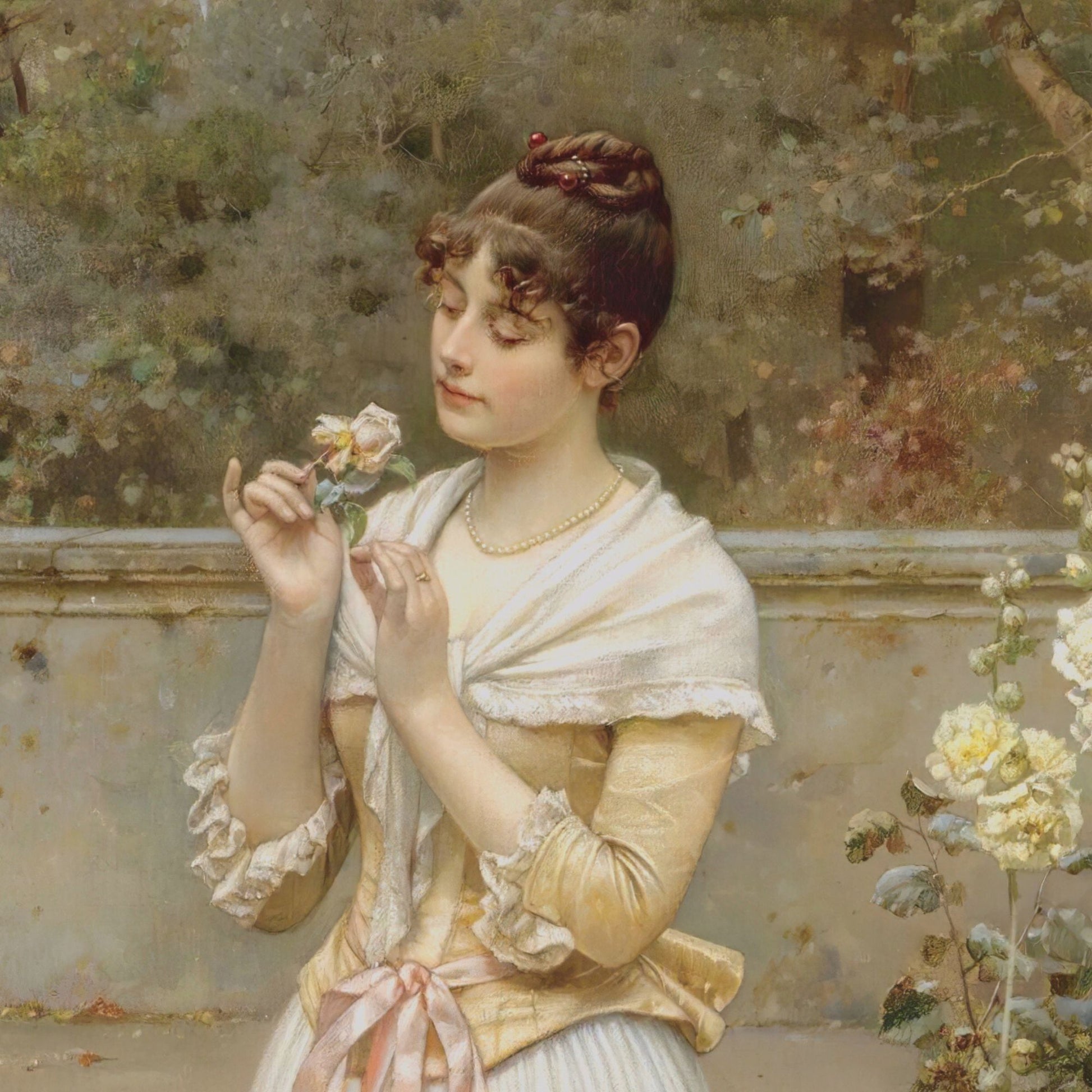 Painting of a woman holding a flower in a garden setting
