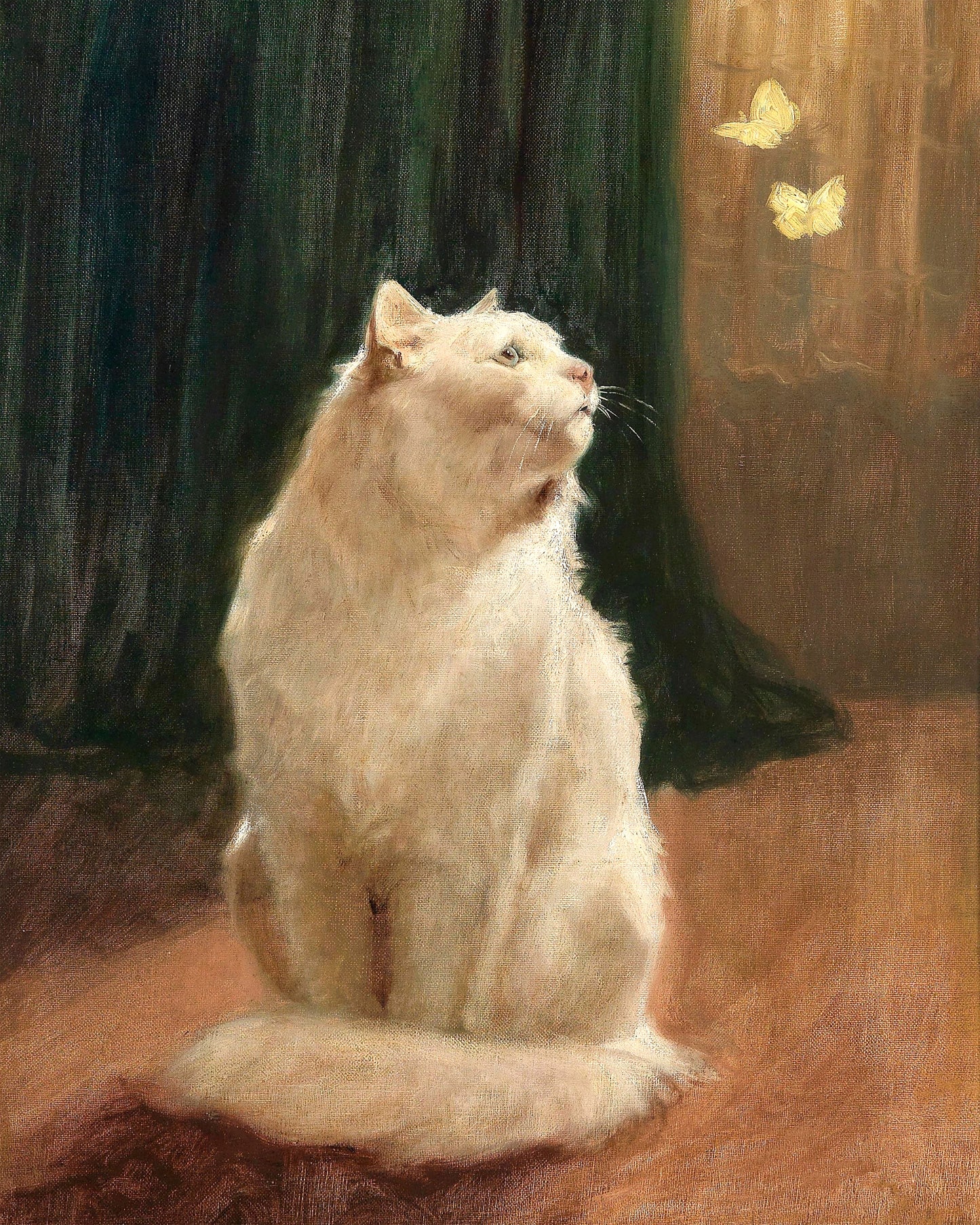 Art print of White Cat and Two Brimstone Butterflies by Arthur Heyer, c. turn of the 20th century