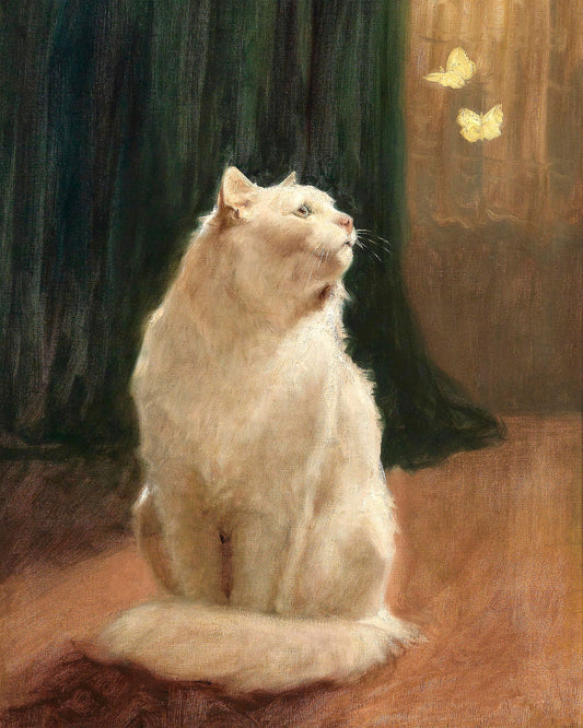 Art print of White Cat and Two Brimstone Butterflies by Arthur Heyer, c. turn of the 20th century
