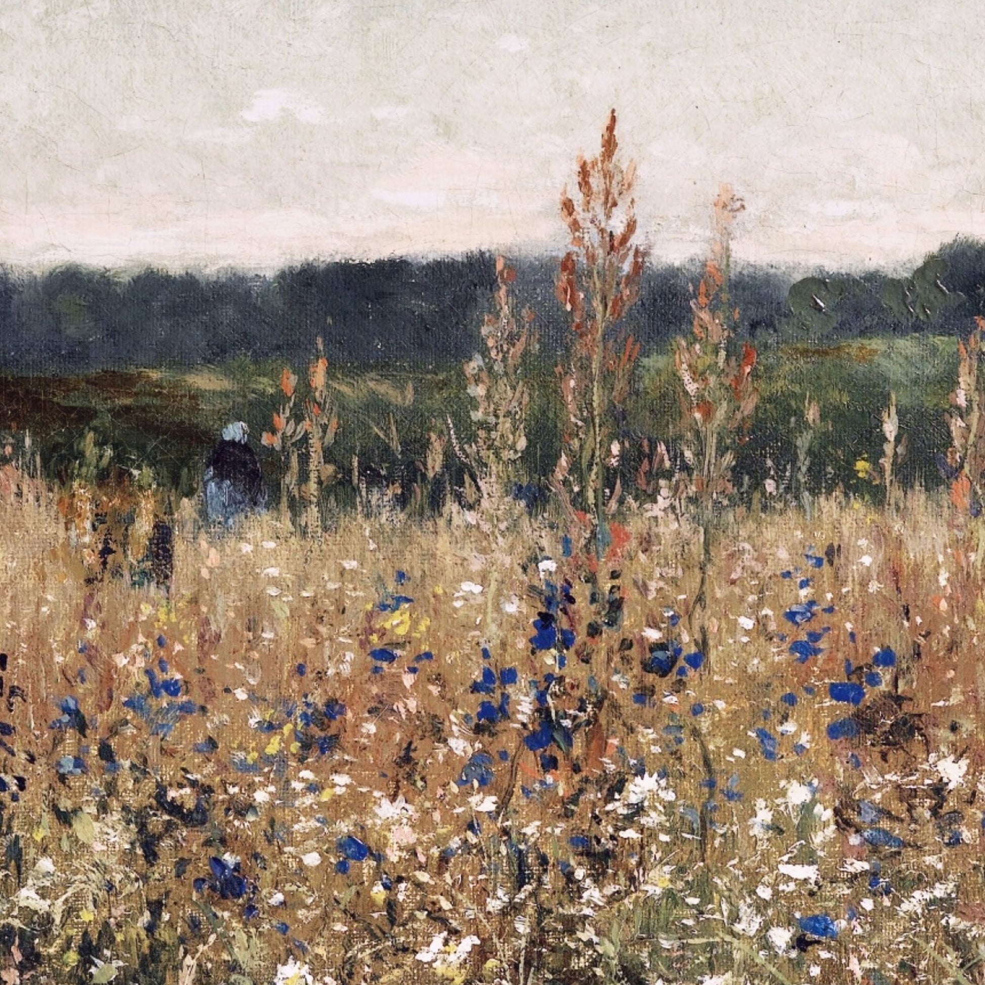 Painting of a field with wildflowers and a person in the distance.
