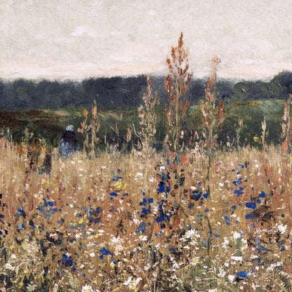 Painting of a field with wildflowers and a person in the distance.