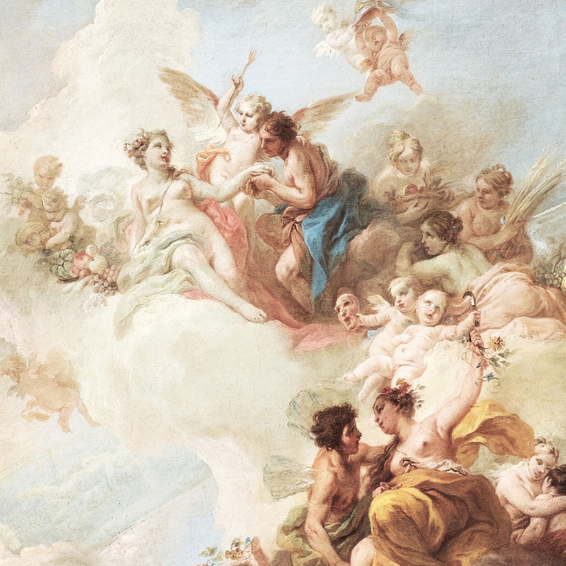 Classical painting of mythological figures in an ethereal setting