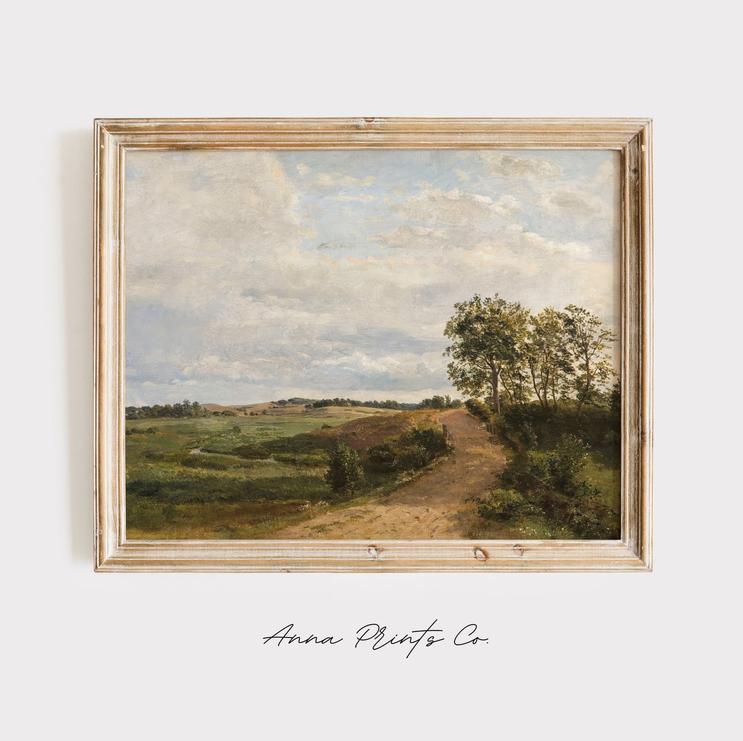 Vintage art print of Country Landscape Painting displayed in wooden frame