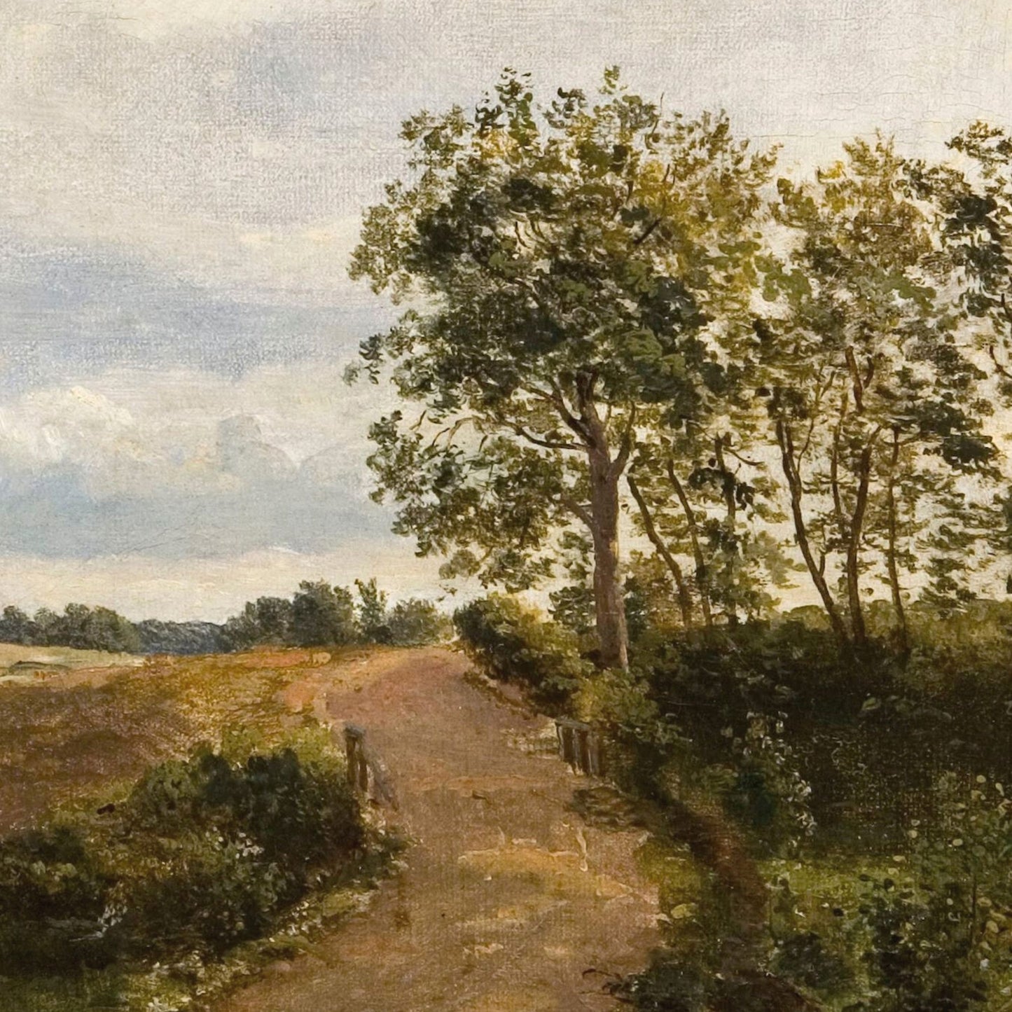 Painting of a rural landscape with a path leading to trees under a cloudy sky.