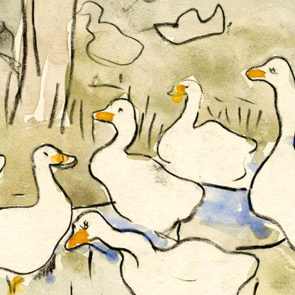 Illustration of ducks in a natural setting with trees and water.