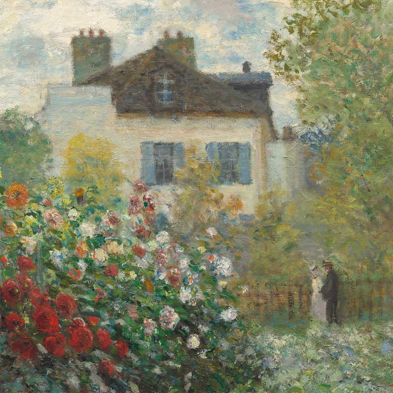 Impressionist-style painting of a white house with green shutters, surrounded by lush garden flowers in red, pink, white, and yellow, with a small couple standing near a fence in the foreground.