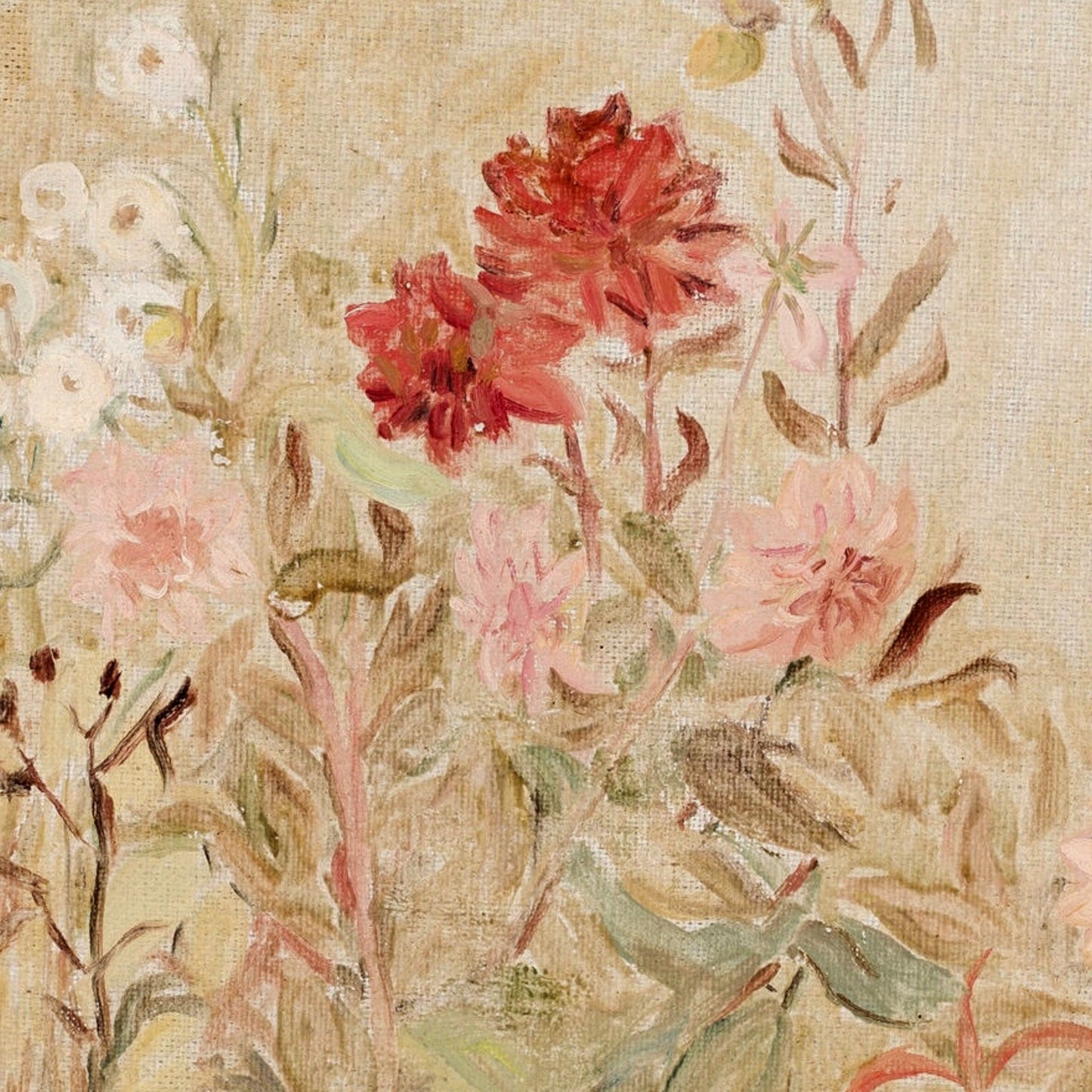 Floral painting with red and pink flowers on a textured beige background