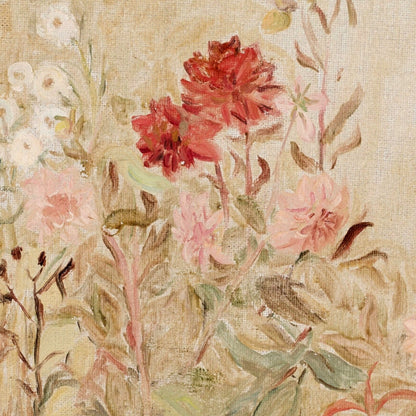 Floral painting with red and pink flowers on a textured beige background