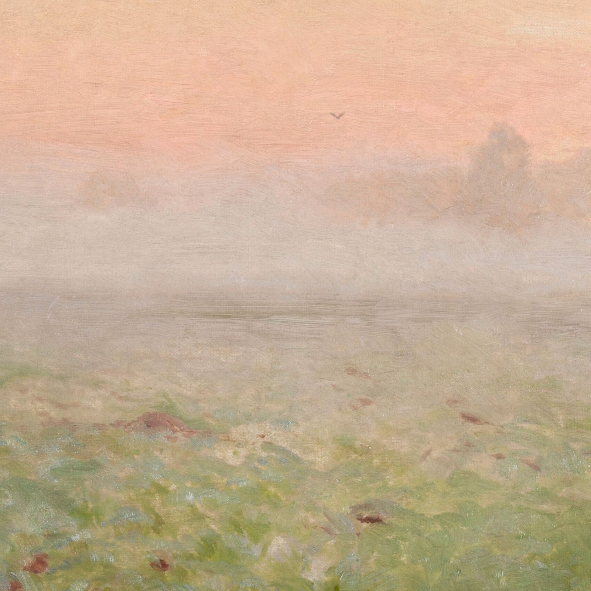 Foggy landscape with a distant figure and landscape.