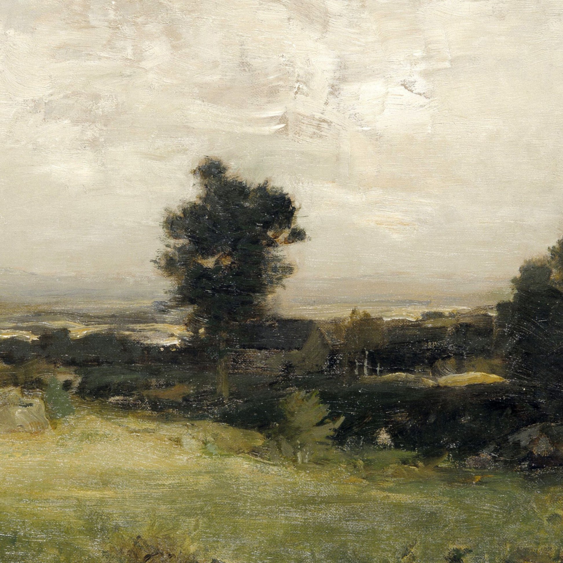 Painting of a landscape with a tree and buildings under a cloudy sky.