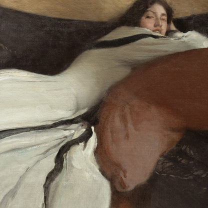 Artistic depiction of a woman lying on a horse with a soft, warm color palette.