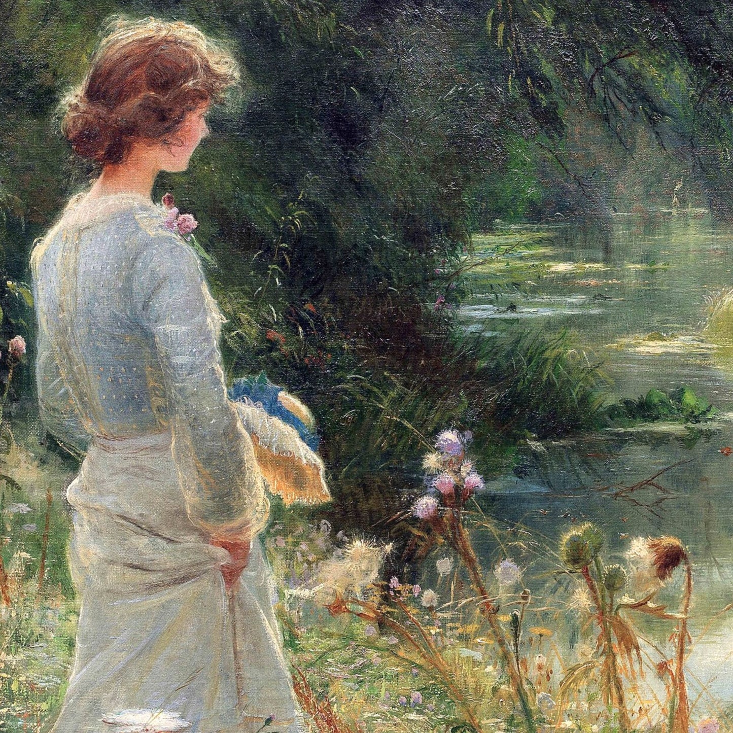 Woman in a garden by a pond with flowers and nature around