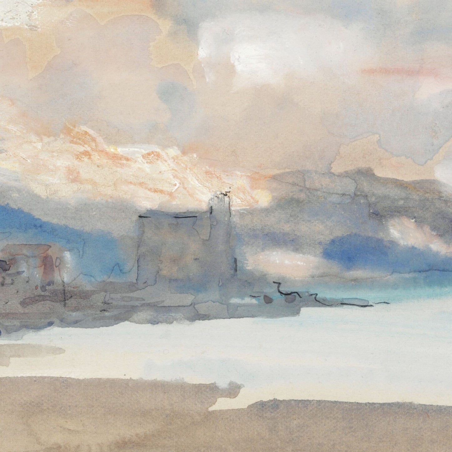 Watercolor painting of a landscape with a castle and clouds