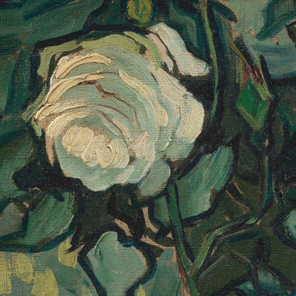 Close-up of a white rose with green leaves on a textured fabric background