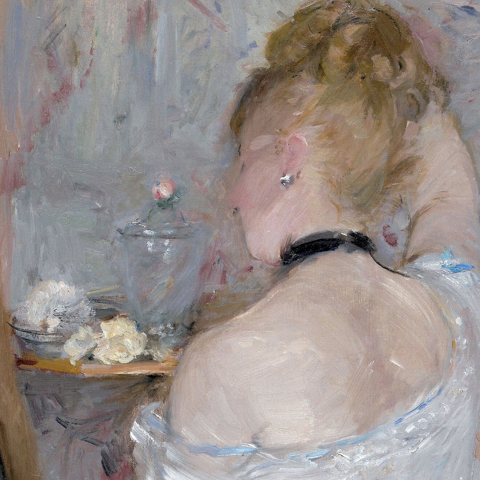 Painting of a woman sitting at a table with a glass jar and flowers.