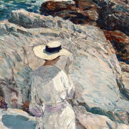 Painting of a person in a white dress and hat sitting on rocks by the sea.