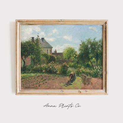 Vintage art print of The Artist's Garden by Pissarro displayed in wooden frame