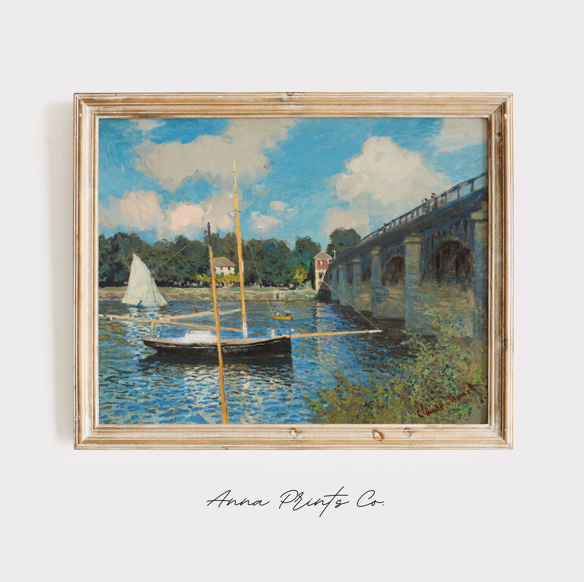 Vintage art print of The Bridge at Argenteuil by Monet displayed in wooden frame