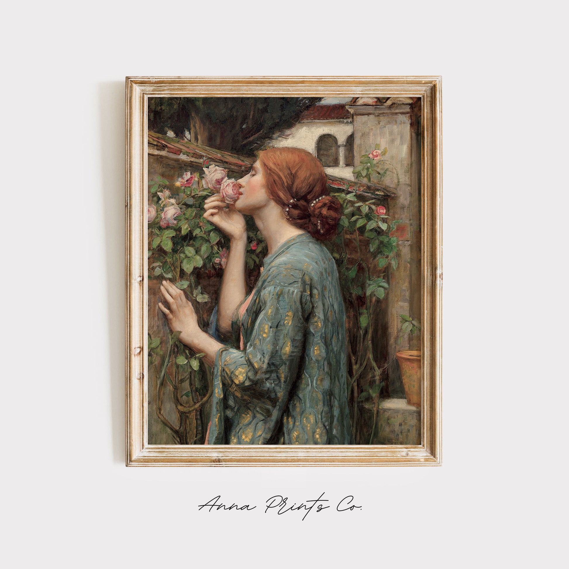 Vintage art print of The Soul of the Rose by Waterhouse displayed in wooden frame