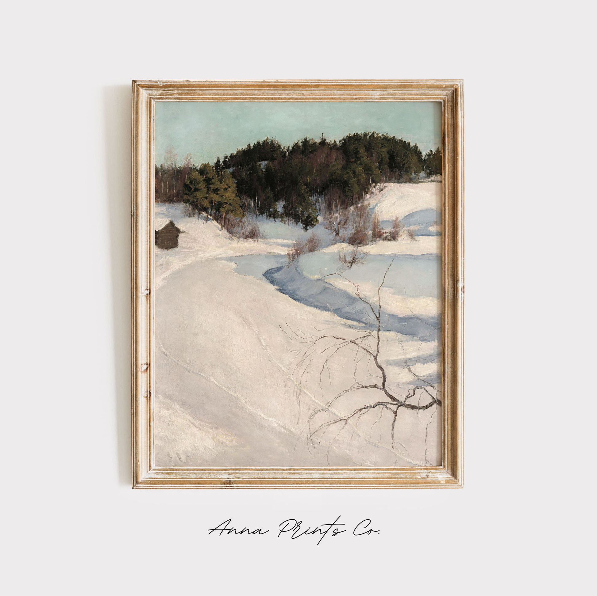 Vintage art print of Winter landscape Snowy Forest displayed in wooden frame