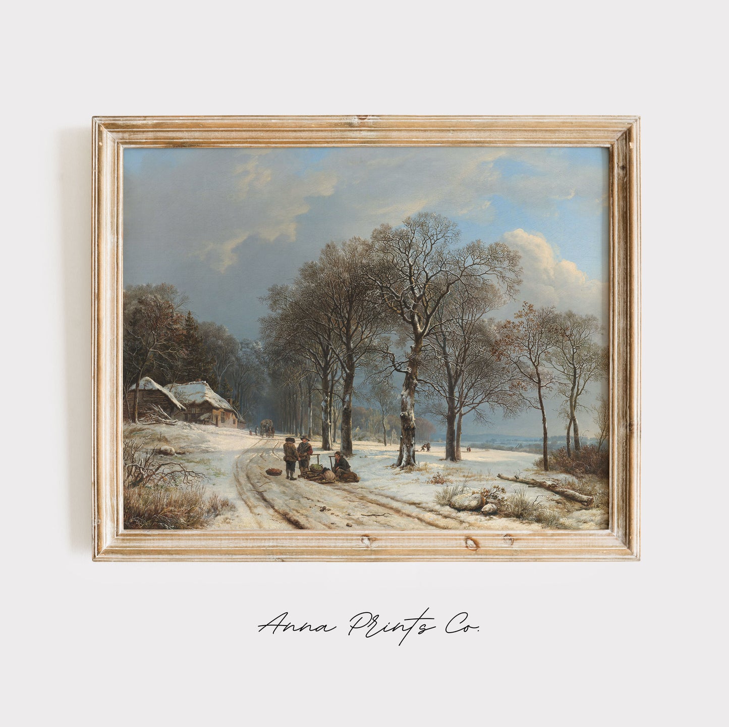 Vintage art print of Winter Landscape Country Artwork displayed in wooden frame