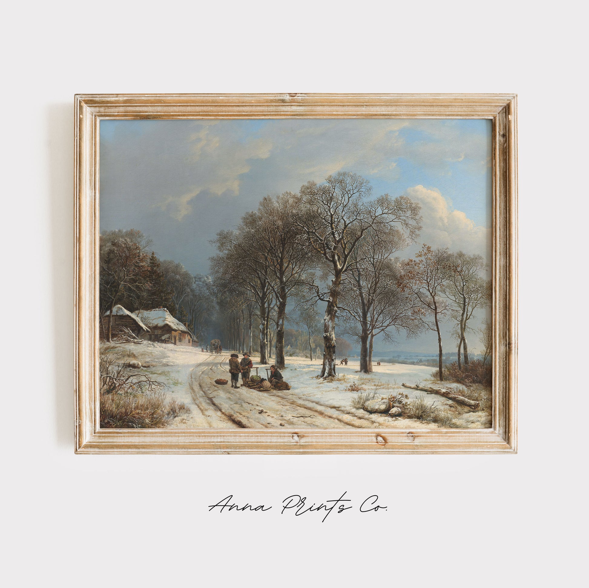 Vintage art print of Winter Landscape Country Artwork displayed in wooden frame