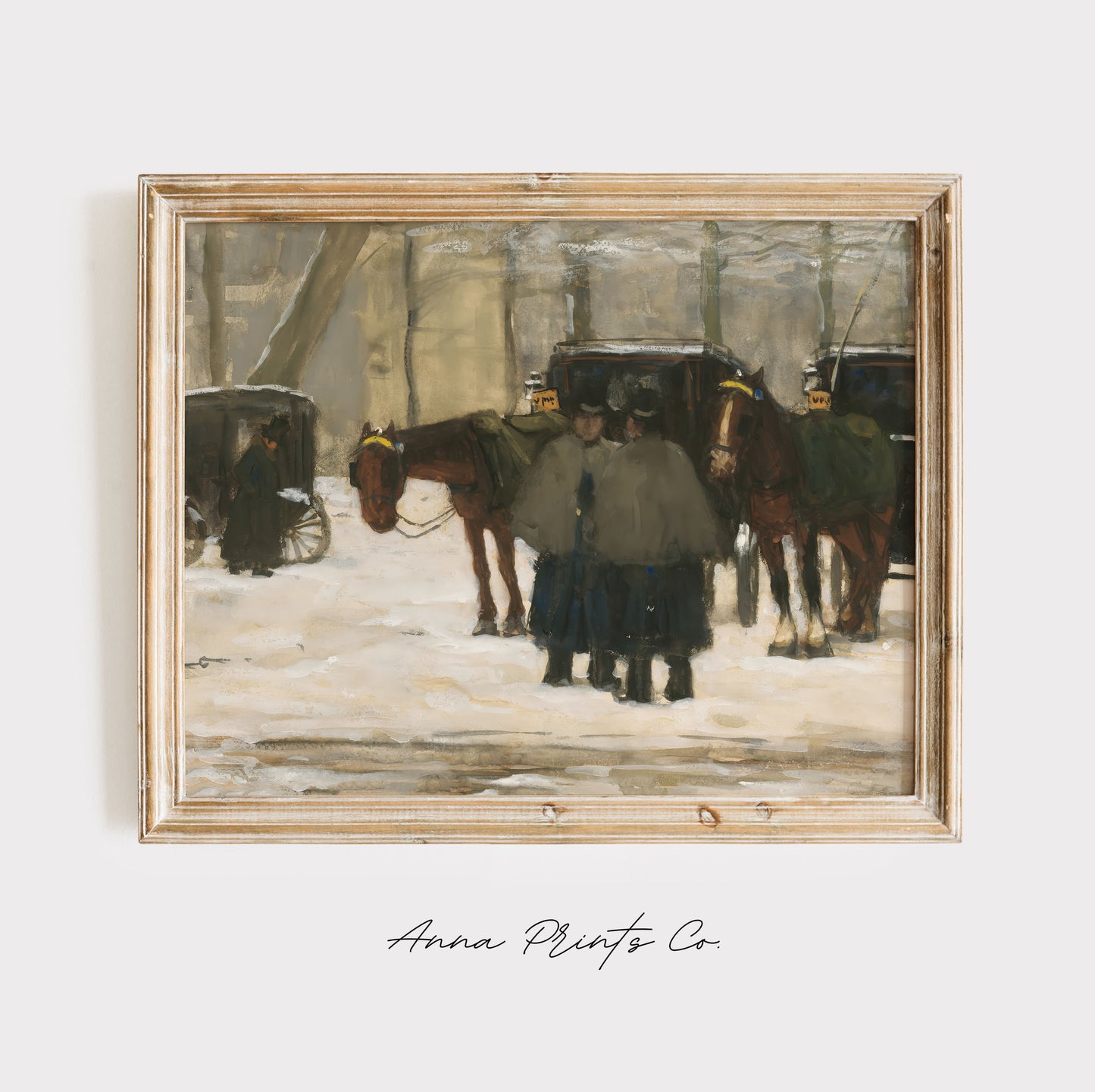 Vintage art print of Carriages and Coachmen in Winter displayed in wooden frame