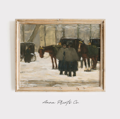 Vintage art print of Carriages and Coachmen in Winter displayed in wooden frame