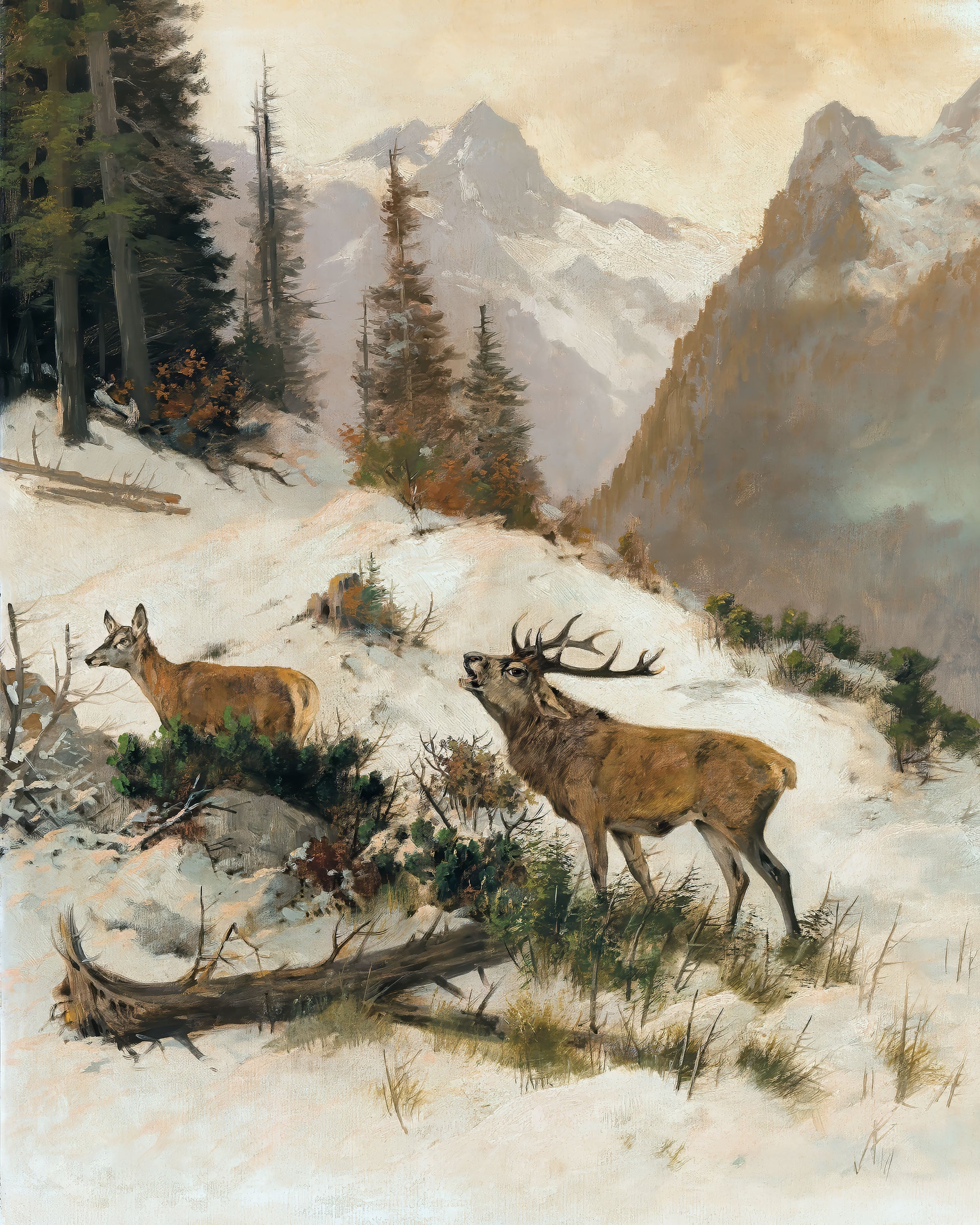 Art print of Roe Deer in a Mountain Landscape in Winter by Georg Berger, 1862-1942