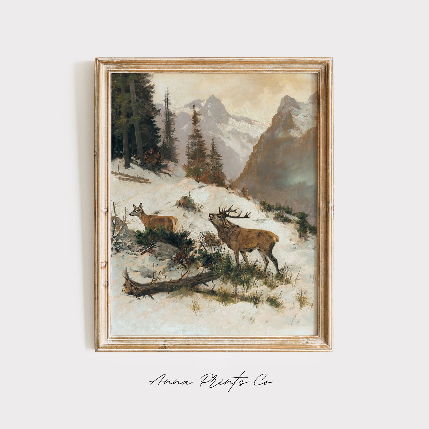 Vintage art print of Deer in Mountain Landscape in Winter displayed in wooden frame