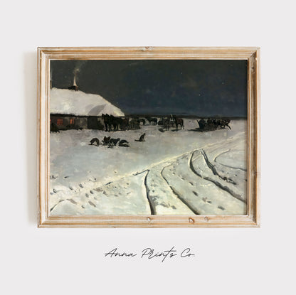 Vintage art print of Snowy Winter Night Painting displayed in wooden frame