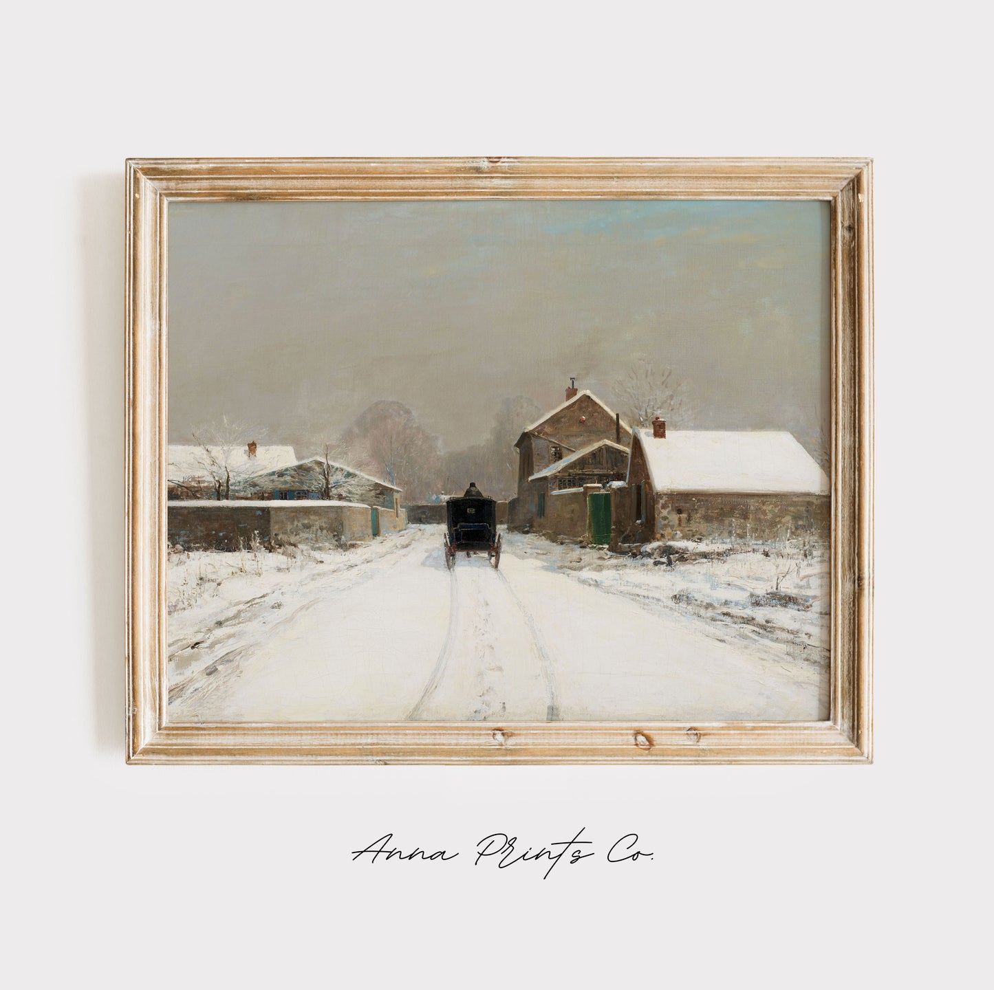 Vintage art print of European Winter Landscape displayed in wooden frame