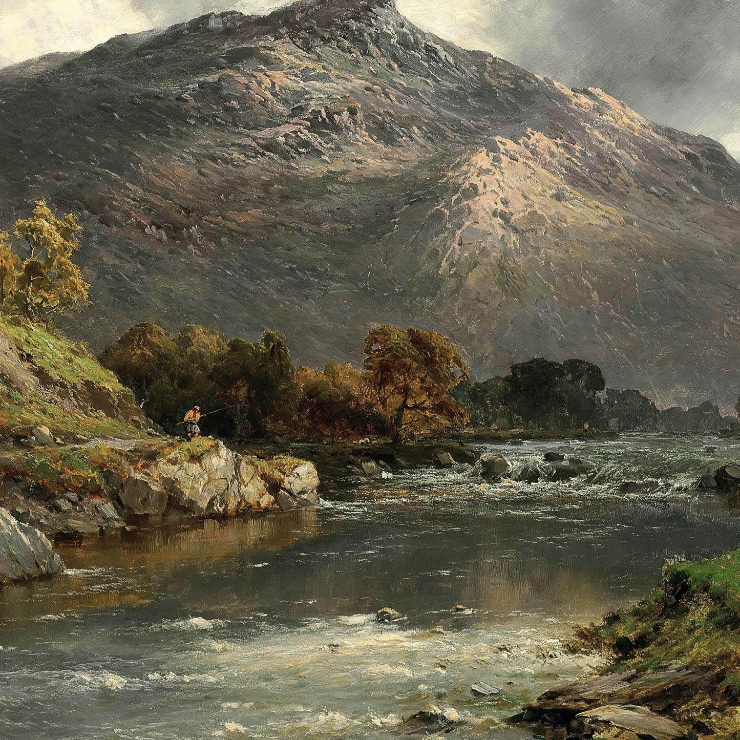 River landscape with mountains and trees, painting style