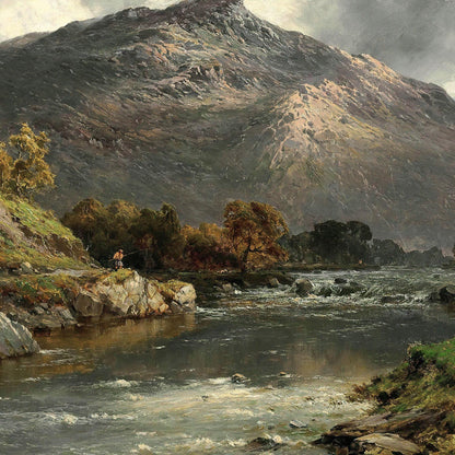 River landscape with mountains and trees, painting style