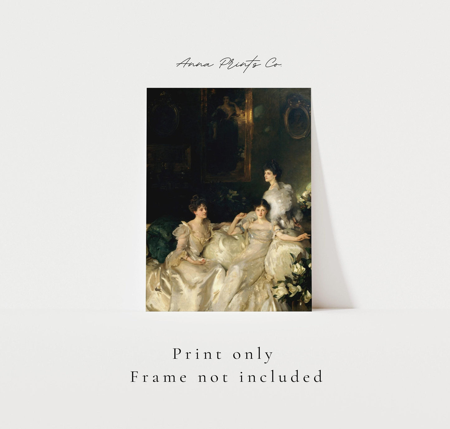 Vintage art print of The Wyndham Sisters by Sargent with text overlay stating frame not included