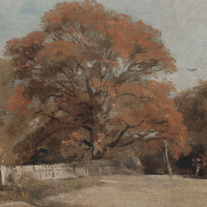 Painting of a large tree with autumn foliage in a landscape setting.