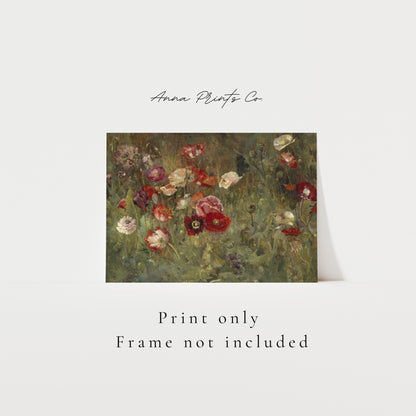 Vintage art print of Bed of Poppies Flower Field Painting with text overlay stating frame not included