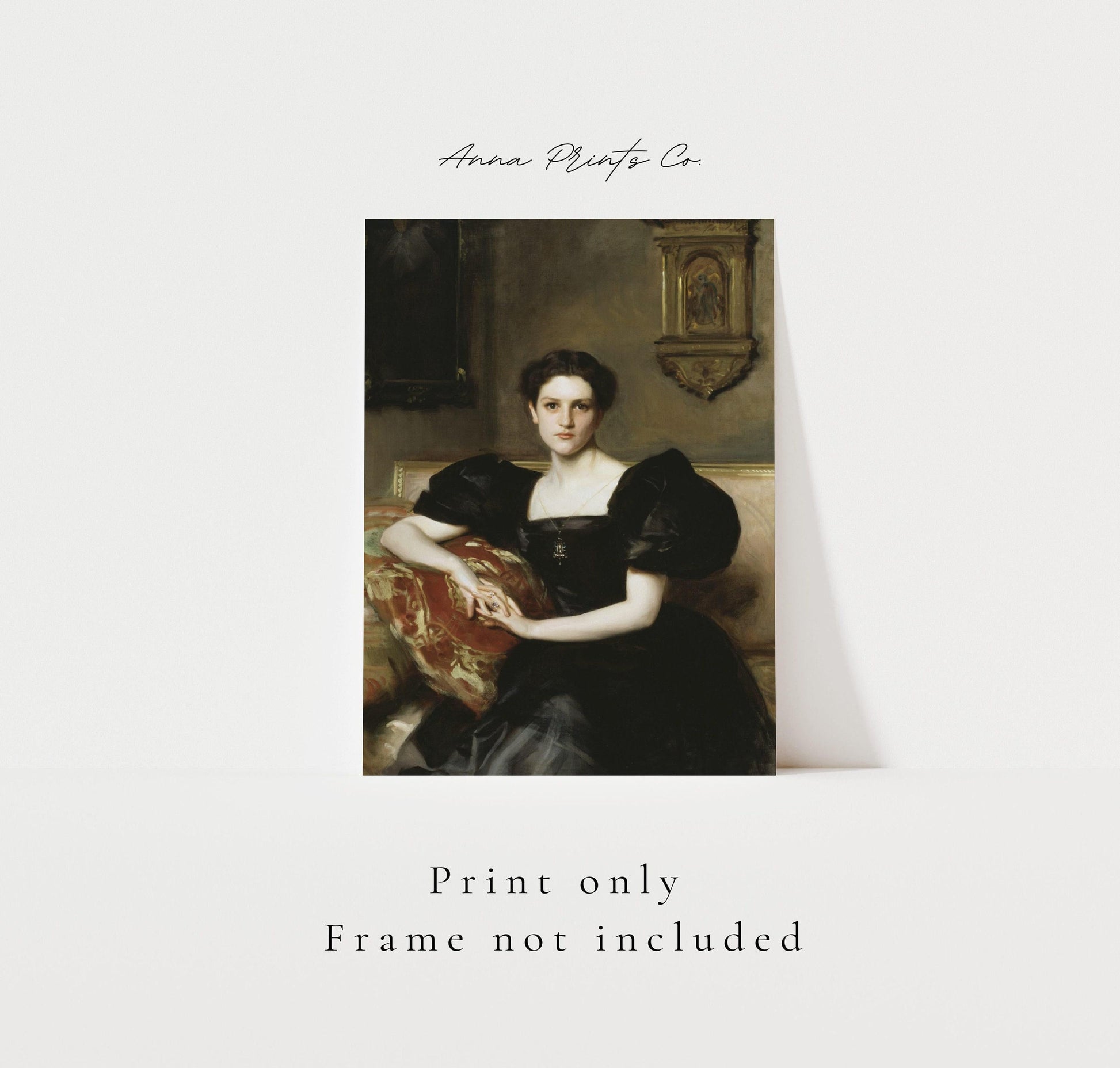Vintage art print of Elizabeth Winthrop Chanler by Sargent with text overlay stating frame not included