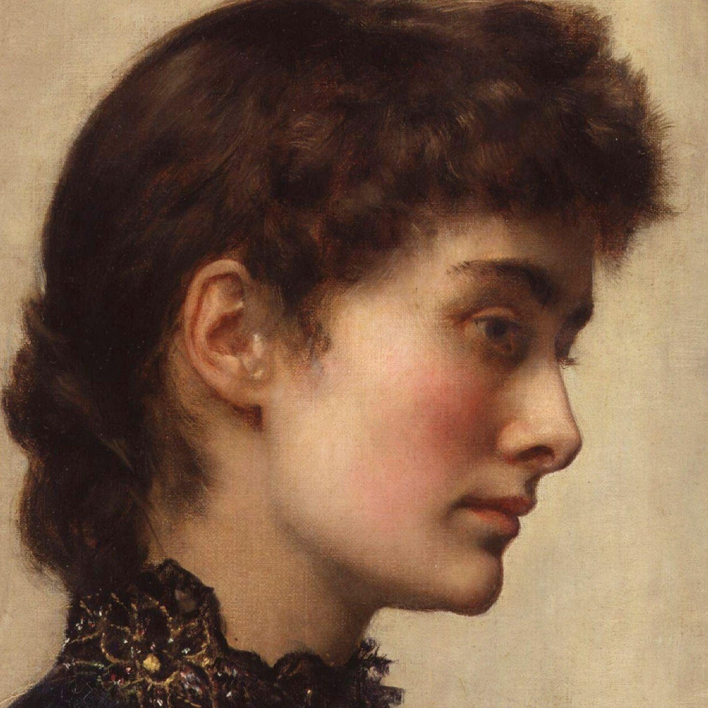 Portrait of a woman with dark hair and a detailed collar, on a neutral background