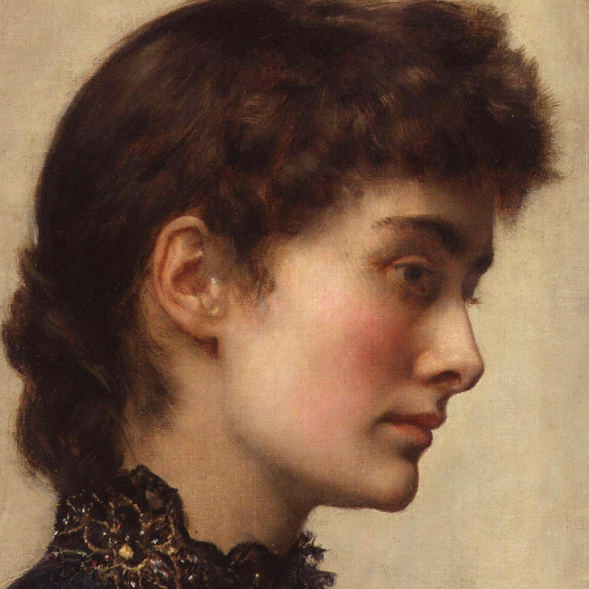 Portrait of a woman with dark hair and a detailed collar, on a neutral background