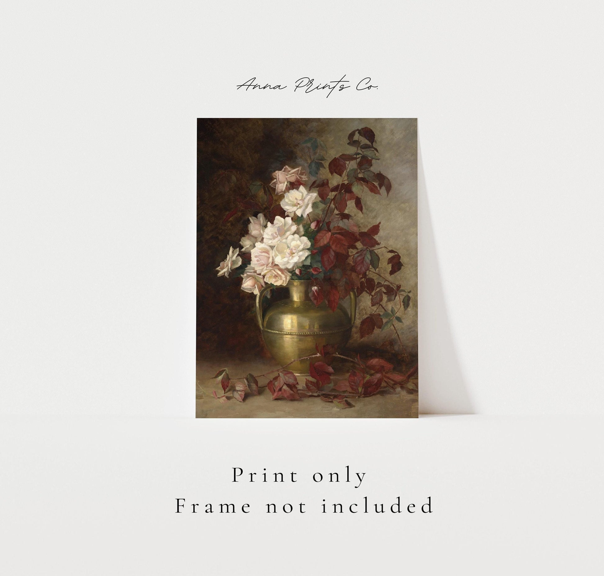 Vintage art print of Rose Bouquet Moody Floral with text overlay stating frame not included