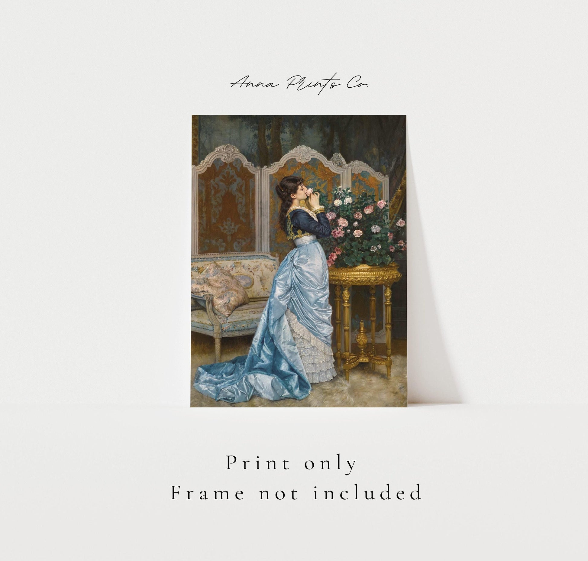 Vintage art print of Day Dreaming by Toulmouche with text overlay stating frame not included