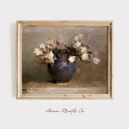 Vintage art print of Roses Floral Still Life Painting displayed in wooden frame