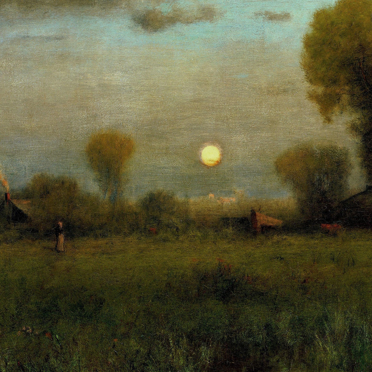 Landscape painting of a moonlit night with trees and figures in a field.