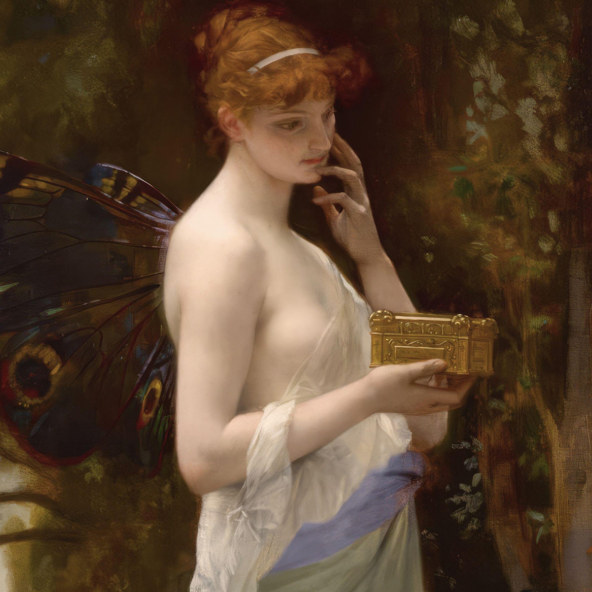 Woman with butterfly wings holding a gold box in a forest setting