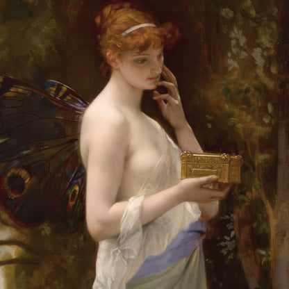 Woman with butterfly wings holding a gold box in a forest setting