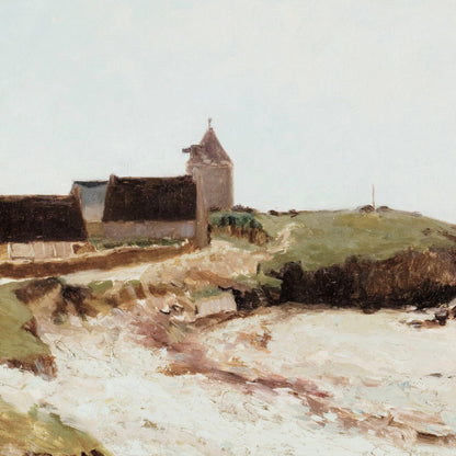Painting of a coastal scene with a church and cliffs.