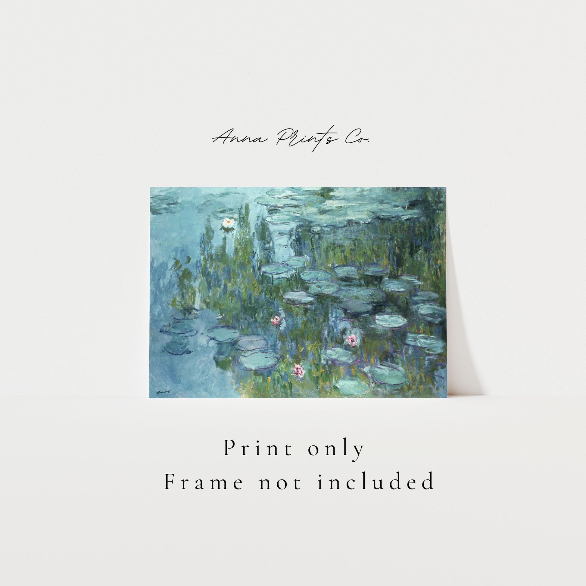 Vintage art print of Water Lilies by Monet, c. 1915) with text overlay stating frame not included