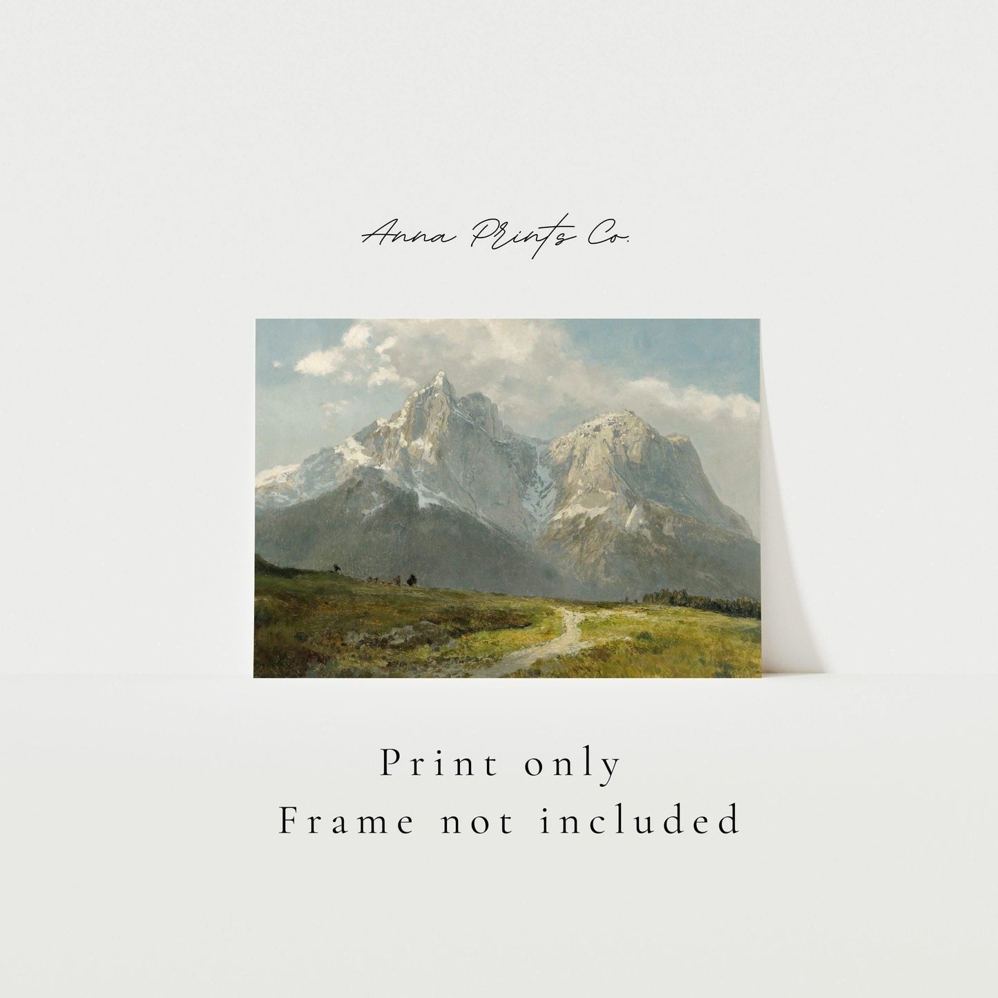 Vintage art print of Mountain Landscape Rustic Artwork with text overlay stating frame not included